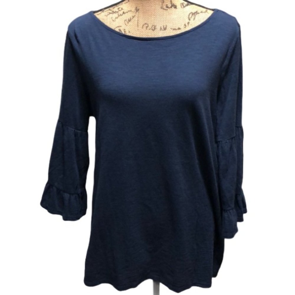 {J. Jill} Blue Scoop Neck Ruffle Sleeve Top